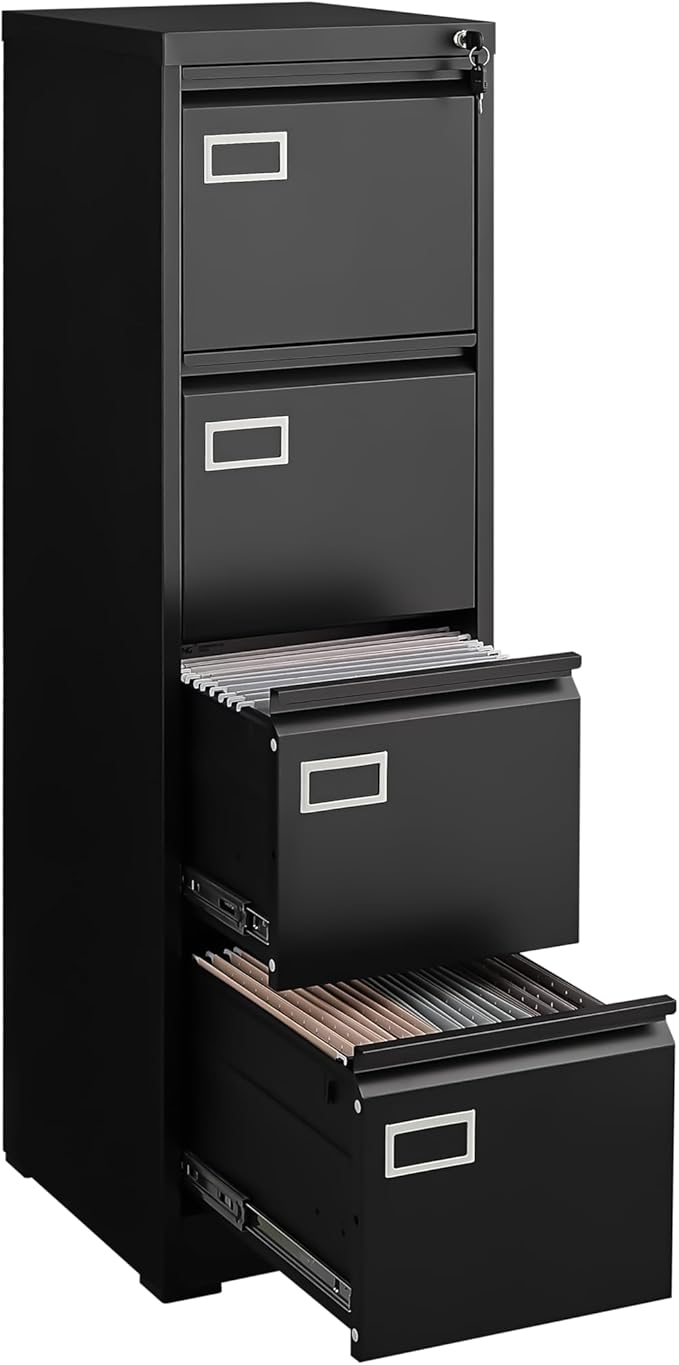 Black Metal 4-Drawer Vertical File Cabinet - Lockable Durable Full-Extension Drawers for Office Storage