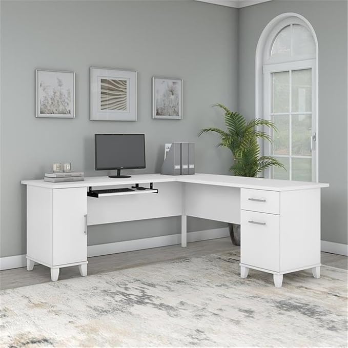 Bush Home Somerset 72W L Shaped Desk with Storage in White 72-inch Large Corner Computer Table for Home Office Workspace