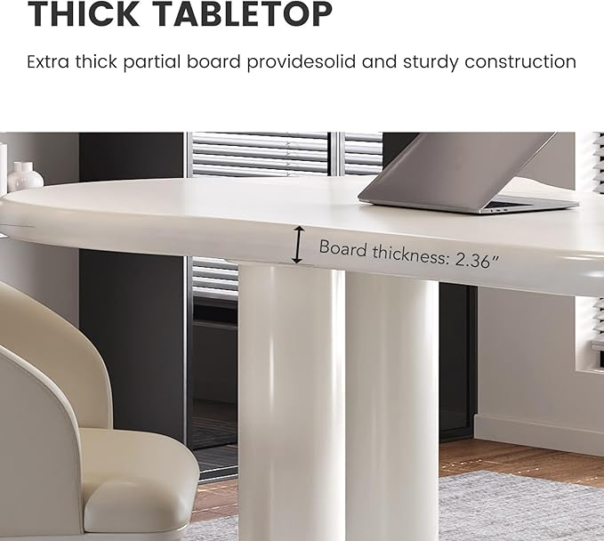 Modern 62.2 Cloud-Shaped Cream White Office Desk with Sculptural Pillar Legs Rounded Corners Minimalist Computer Table Easy to Assemble Ideal for Home Office (Desk Only)