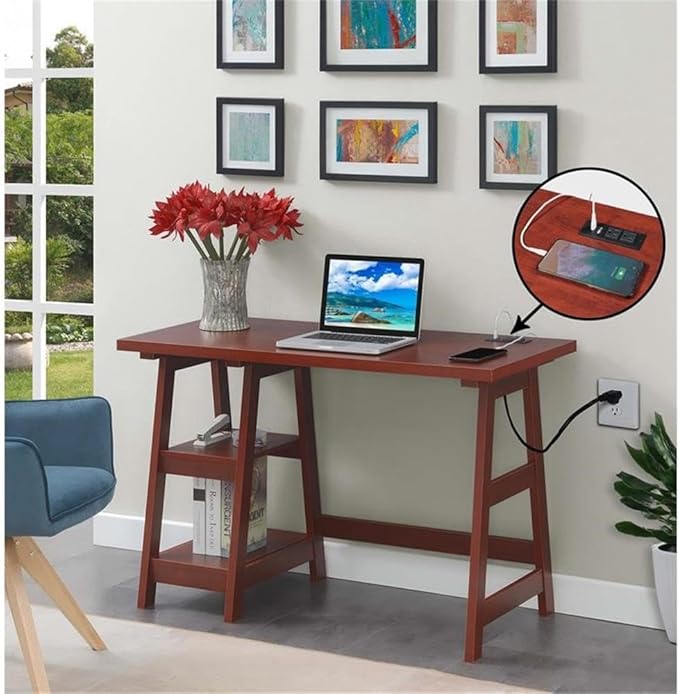 Pemberly Row Trestle Desk with Charging Station 47 in x 20 in x 29.25 in MDF and Particle Board Cherry Wood Finish 2 Shelves USB Ports and Outlets Modern Home Office Desk for Work or Study