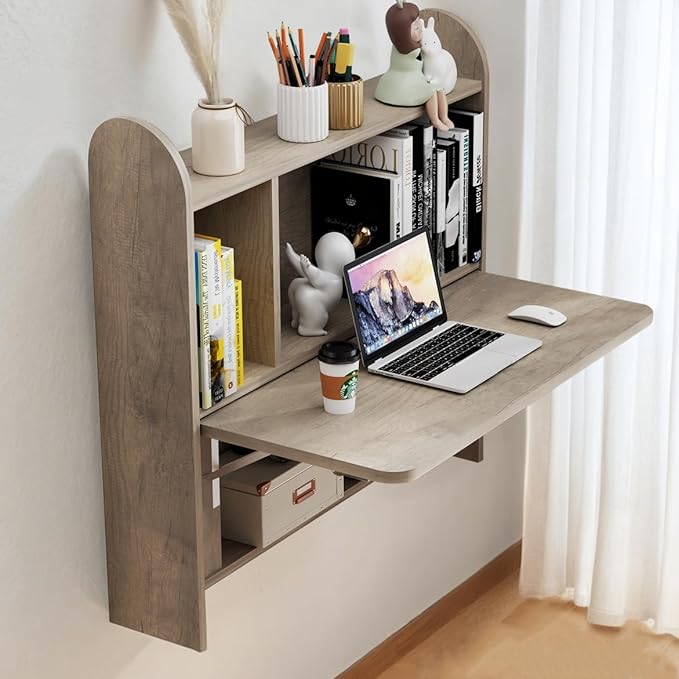 Wall Mounted Drop-Leaf Table Floating Laptop Desk Folding Table with Shelves Multifunctional Computer Workstation with Storage Compartments in Home Office for Space Saving (Rustic Oak)