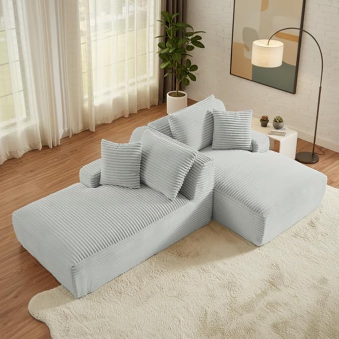 79 Double Chaise Lounge Chair Indoor: Oversized Comfy Corduroy Upholstered Boneless Couch with 4 Pillows for Living Room Bedroom and Apartment Deep Seat Sleeper Sofa 2-Seat Light Ash Gray