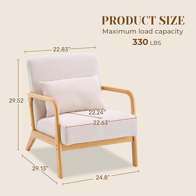 Joysoul Modern Accent Chair - Mid Century Modern Armchair with Waist Cushion &amp Solid Wood Frame Upholstered Lounge Chair for Living Room Bedroom Office(Cream)