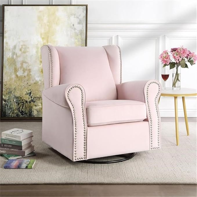BOWERY HILL Contemporary Swivel Chair with Glider Pink Fabric Upholstery Wingback Design Nailhead Trim Loose Seat Removable Cushion Cover 35 L x 34 D x 37 H Accent Chair for Living Room