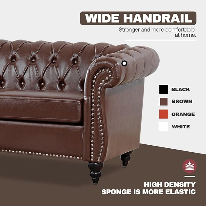 Chesterfield Sofa PU Leather Sofas for Living Room Rolled Arm 3-Seater Couch Deep Button Nailhead Upholstered Couches High-End Furniture 84 Easy to Assemble (Brown)
