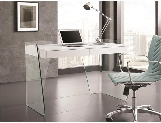 Pemberly Row Modern Engineered Wood Office Desk 47 W x 23 D x 31 H High Gloss White 2 Soft-Close Drawers Clear Glass Detail Contemporary Home Office Desk for Workspace Organization