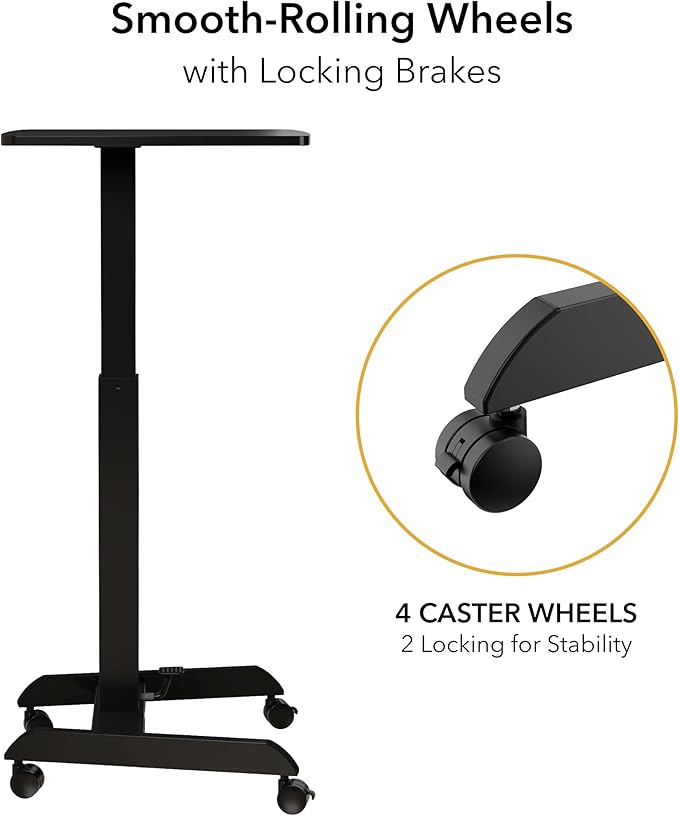 Mount-It! Rolling Laptop Desk Adjustable Height (29.6”-44.2”) Mobile Workstation Cart with 23.6” x 20.5” Desktop Small Sit-Stand Desk for Home Office or Classroom in Black