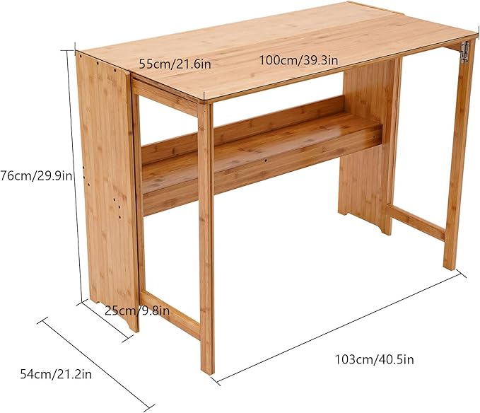 Modern Folding Desk Small Computer Table Writing Desk Laptop Desk Vanity Table Bamboo Workstation with Bookshelf for Home Office