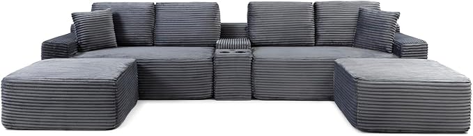 150 Oversized Modular Sectional Sofa Deep Seat Cloud L-Shape Corduroy Couch with Cup Holders USB Ports Wireless Charging &amp Storage Box Upholstered Modular Sleeper Sofa for Living Room (Grey)