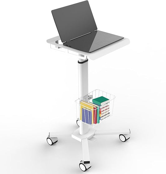 Adjustable Height Portable Laptop Desk with WheelsWhite Computer Cart on WheelsStanding Mobile Desk Workstation Utility Medical Cart