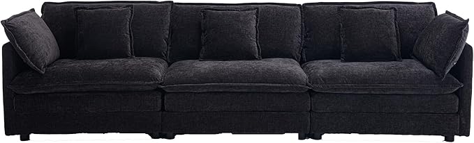 111.5 Oversized Deep Seat Sectional Sofa Black Modern Chenille Cloud Couch Large 3 Seater Modular Sofa with 5 Pillows for Living Room Bedroom Apartment Office