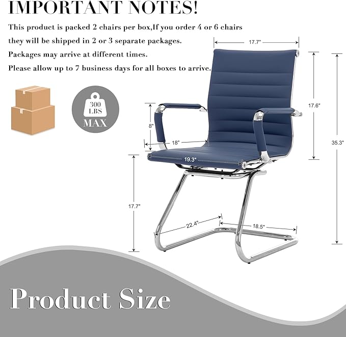 CIMOTA Waiting Room Chairs Leather Office Guest Chair Mid Back Reception Chairs with Sled Base for Meeting/Patient/Conference Room Navy Set of 6