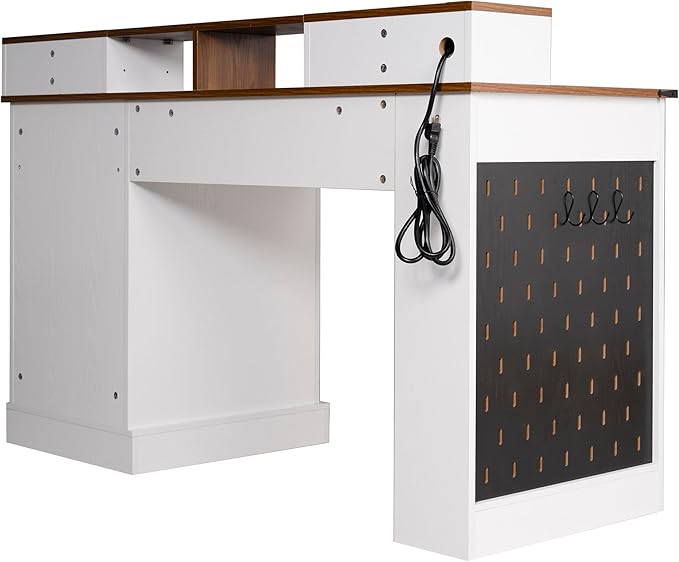 55 Farmhouse Office Desk with Storage Cabinet &amp Charging Station Barn Door Design Computer Writing Desk with Keyboard Tray Monitor Stand &amp Pegboard for Study Home Office White