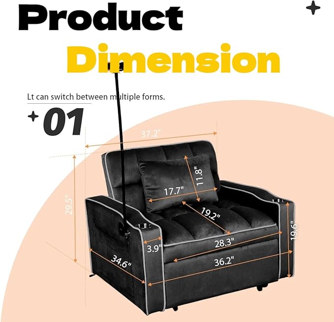 Convertible Sleeper Chair Pull Out Chair Sleeper with Bracket and Cup Holder 3 in 1 Sofa Bed Chairs for Adults Chairs Bed Sleepers for Small Spaces Living Room Black