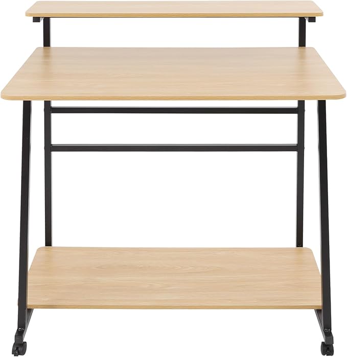 3 Tier Home Office Desk Adjustable Rolling Computer Desk with Wheels &amp Foot Pads for Home Office Study Apartment Dorms 31.5 Desktop (Black Frame &amp Log Color Board)