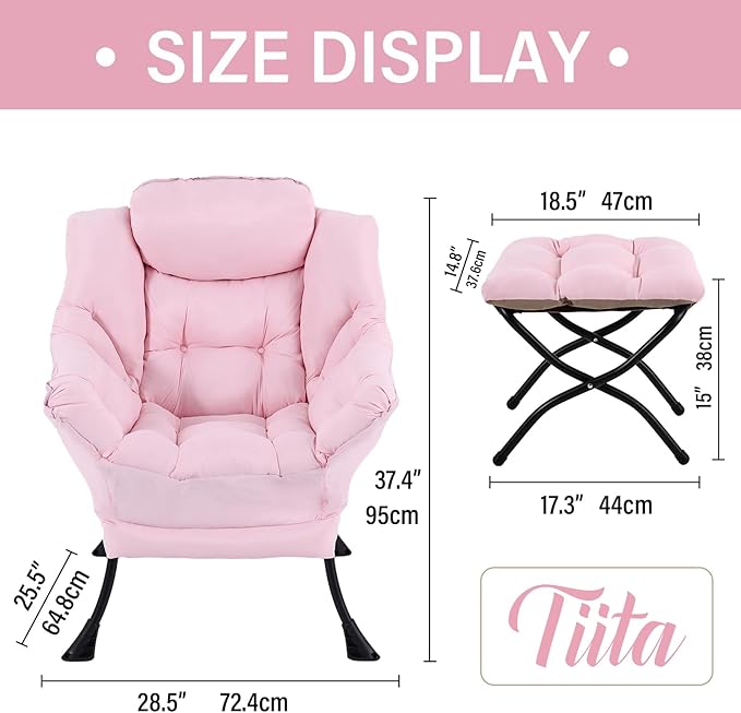 Tiita Lazy Chair with Ottoman Pink Modern Large Accent Chair Comfy Leisure Sofa Armchair with Ottoman Reading Chair with Footrest for Bedroom Living Room Dorm Rooms Pink