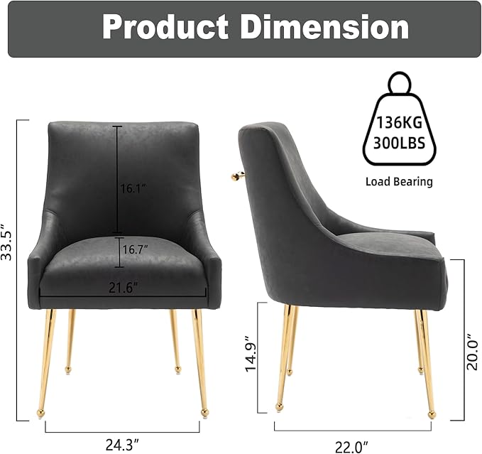 Dining Room Chair Faux Leather Vanity Chairs Set of 4 Mid-Century with Metal Legs Upholstered PU Leather Luxury Accent Chairs Living Room Restaurant(Black)