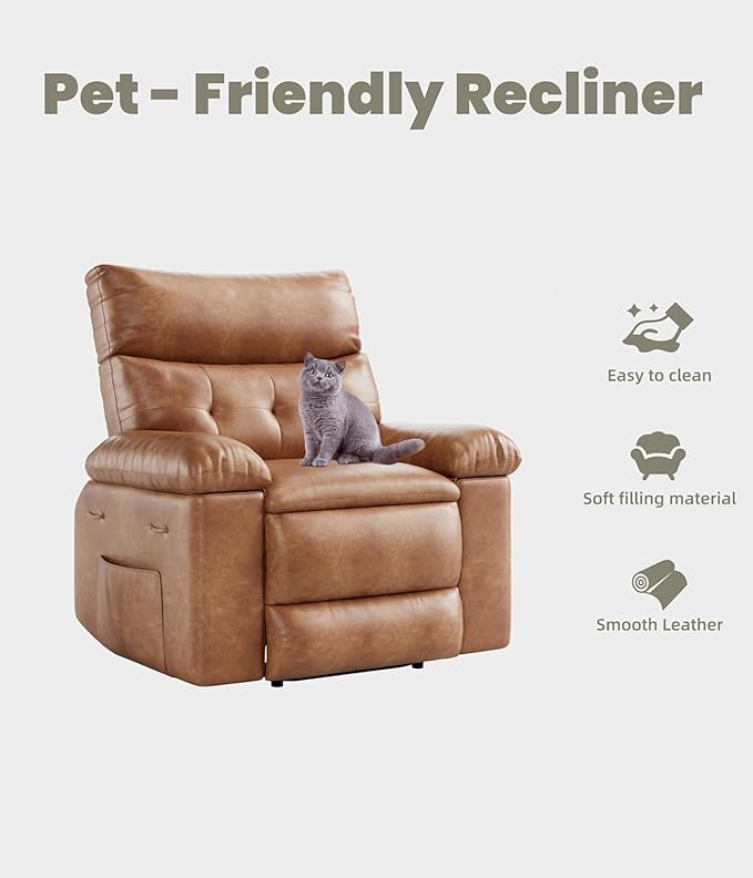 Regular Manual Recliner Chair for Adults PU Leather Comfy Reclining Chair with Overstuffed Arms &amp Back Side Pocket Modern Single Sofa for Living Room Bedroom Vintage