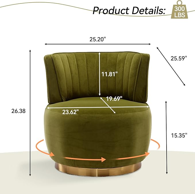 Homtique Swivel Accent Chair Set of 2 for Living Room Modern Upholstered Velvet Fabric Round Barrel Armchair Chair 360 Degree Swivel Small Single Leisure Sofa Chair Reading Chair(Olive)