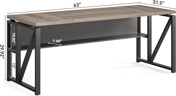 LITTLE TREE 63-Inch Executive Office Desk Large Computer Desk with Storage Shelf Executive Desk with Metal Frame Study Writing Desk Work Station for Home Office Grey + Black