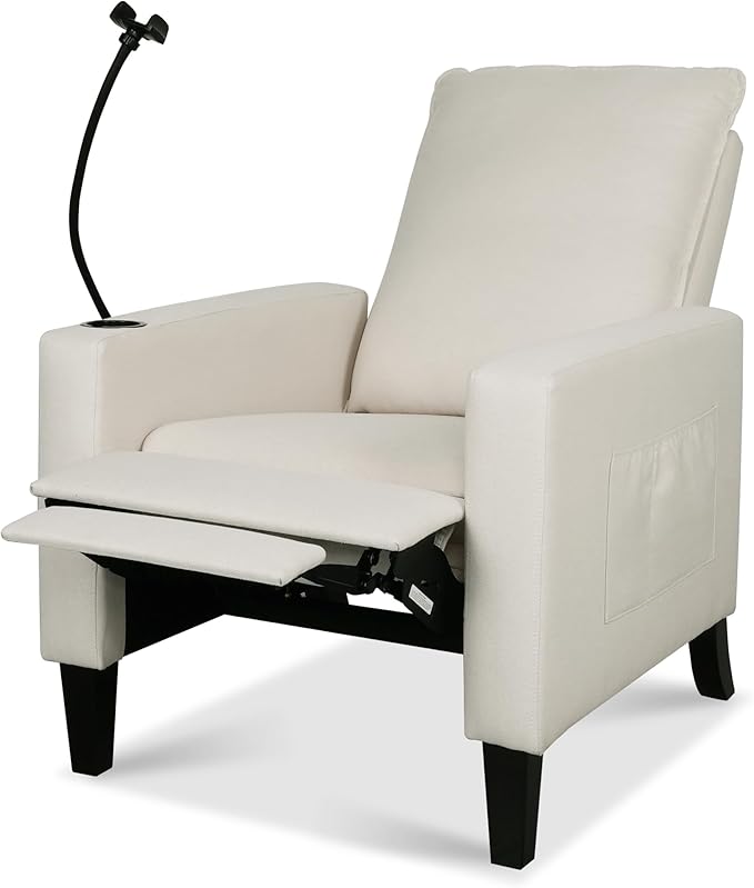 Beige Adjustable Recliner Chair with Phone Holder &amp Cup Holder for Living Room Modern Push Back Recliner Sofa