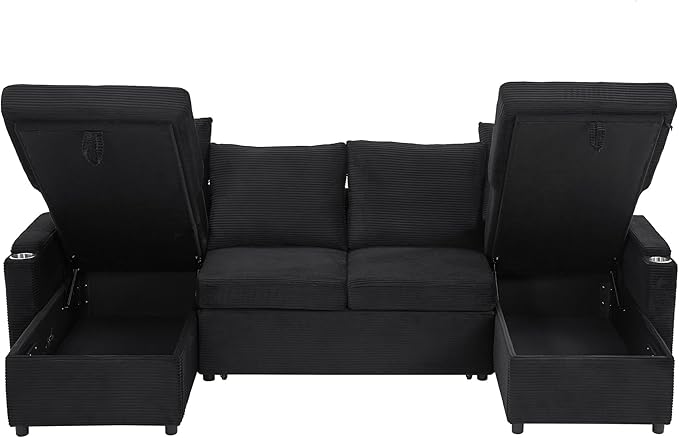 109.5 Sectional Sofa Convertible Pull-Out Sofa Bed with 2 Storage Chaise Lounges and Cup Holders Chenille Fabric U-Shaped Couch with Storage Boxes &amp USB Ports for Living Room (Black-9.19)