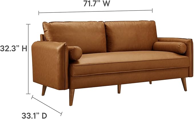 Modway Revive 72 Inch Faux Leather Sofa in Tan – 3 Seater PU Leather Couch with Cozy Wide Seats - Mid-Century Modern Upholstered Sofa for Living Room or Office