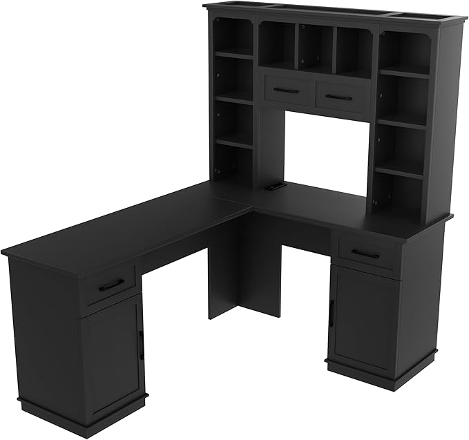 L-Shaped Home Executive Desk with 2 Cabinets and 2 Drawers Computer Desk with Power Outlet 11 Open Shelves and 1 Right Flip Shelf with Storage for Study Living Room and Office (Black-02)