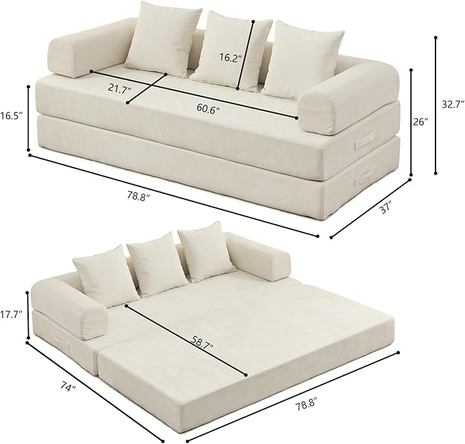 79 Inch 4-in-1 Convertible Sofa Bed Boneless Couches Chenille Folding Sleeper with Pull Out Bed Floor Futon Modular Lounge Loveseat Compressed Sofa No Assembly Required for Living Room (Beige)