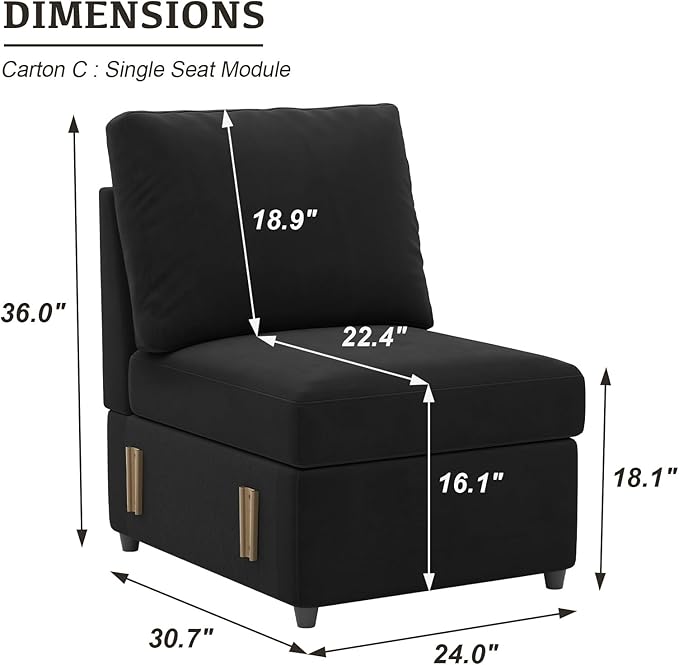 Belffin Velvet Middle Single Module Seat for Modular Sectional Sofa Armrest Module for Sectional Sleeper Sofa Bed Black