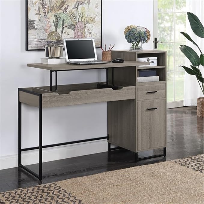 Pemberly Row Lane Worksmart Sit-to-Stand Desk Farm Oak Engineered Wood Adjustable Height with Hutch 54 W x 20.25 D x 42.5 H Storage Shelves Desk Drawer Home Office Organization