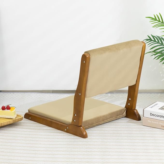 HollyHOME Foldable Tatami Chair Upholstered Japanese Style Floor Seat Wood Legless Back Rest with Cushion Accent Meditation for Bay Window Living Room Bedroom Dark Brown