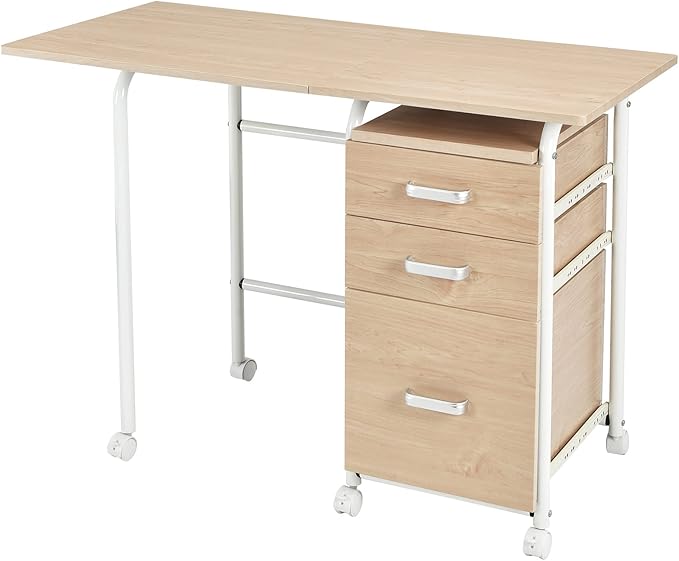 Tangkula Folding Computer Desk with 3 Drawers Mobile Home Office Desk Portable Laptop Desk Writing Table Space Saving Compact Desk for Small Spaces Dorm Apartment