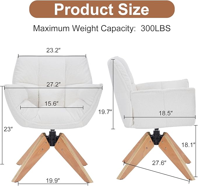 Mid Century Accent Chair Lambs Wool Vanity Chair Modern Cozy Desk Chair no Wheels with Amrest Wood Legs for Living Room Reading Room Bedroom White Lambwool