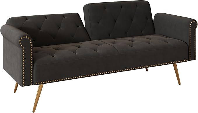 69.7'' Convertible Velvet Sleeper Sofa Bed Upholstered Futon Couch with Nail Head Trim and 2 Matching Throw Pillow for Living Room Bedroom Home Office (Black)