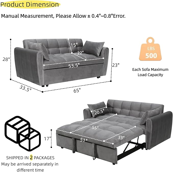65 Inch Convertible Sleeper Sofa 3-in-1 Sleeper Loveseat with Adjustable Backrest &amp Padded Armrests Velvet Sofa Bed for Living Room Apartment Bedroom or Office Dark Gray