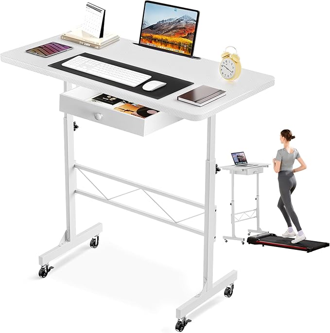 COMHOMA Small Standing Desk Adjustable Height Small Computer Desk Mobile Portable Rolling Laptop Table with Wheels 32 Computer Workstation Sit Stand Desks Portable Standing Table Treadmill desks