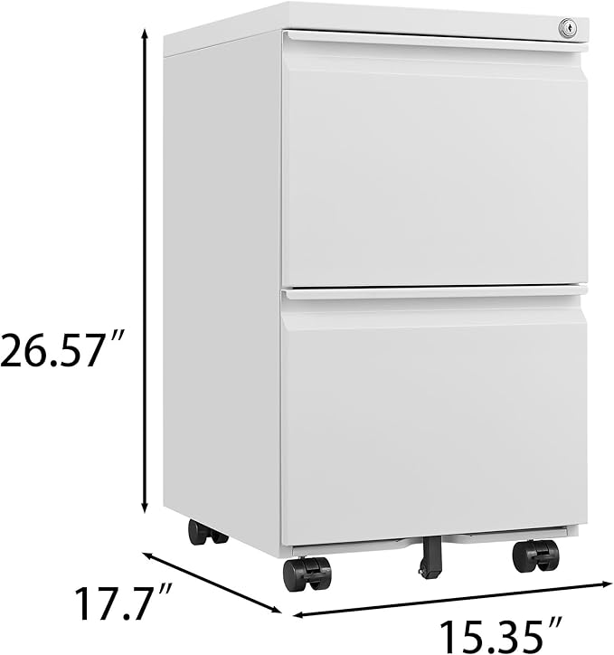 2 Drawer File Cabinet with LockMetal Under Desk Rolling Filing Cabinet fits Letter/Legal/A4 Size for Home OfficeMobile Filing CabinetOne-piece Molded Handles360°Swivel WheelsAnti-dumping (White)