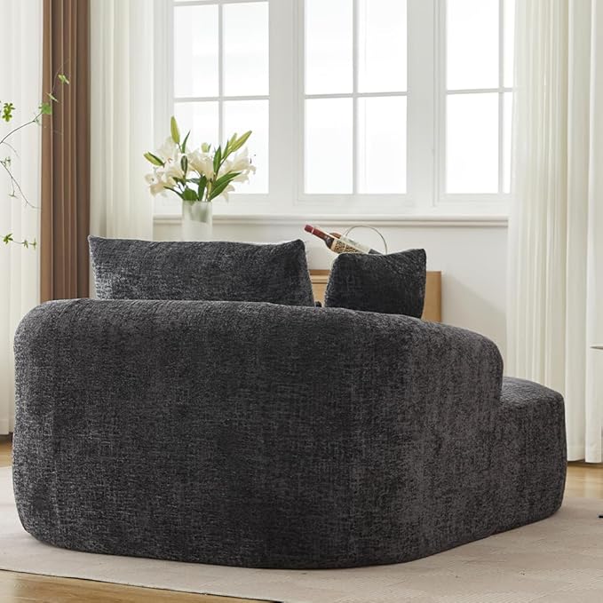 Oversized Chaise Longue Chair Indoor Modern Upholstered Chenille Deep Seat Sofa Bed with Throw Pillows and Armrests Sleeper Sofa Couch for Living Room Bedroom Apartment (Black)