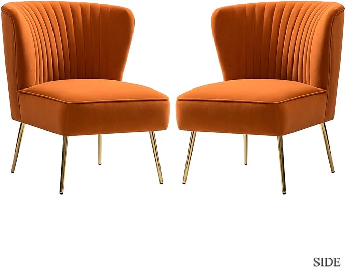 TINA'S HOME Monica Velvet Armless Side Chair Set of 2 Upholstered Accent Chair Comfy Living Room Chair with Golden Legs Wingback Mid Century Slipper Chair for Bedroom Guest Room- Orange