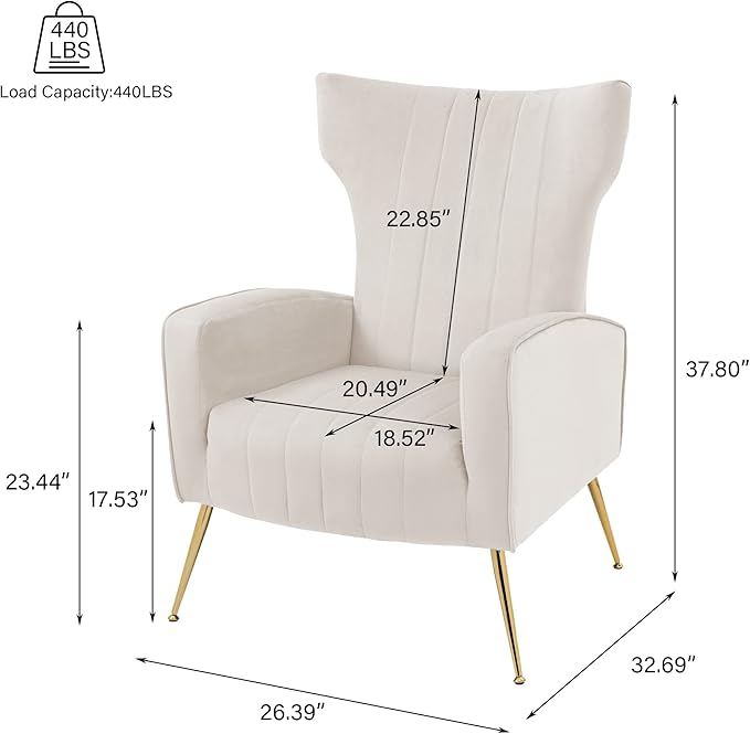 Accent Chair Upholstered Armchair with High Wingback &amp Metal Legs Mid-Century Modern Comfy Single Sofa Reading Chairs for Living Room Bedroom (White Set of 2)