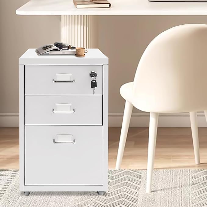 3 Drawer File Cabinet with Lock Metal Vertical Mobile File Cabinet White Rolling Under Desk Filing Cabinet for Home Office