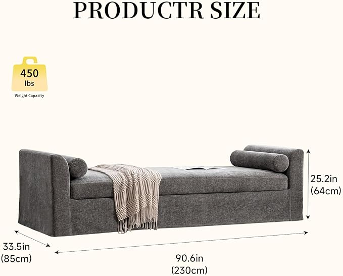 Chifee &amp Vingol 90.55 W Oversized Chaise Lounge Upholstered Bedroom Benches Extra-Long Indoor Bench Entryway Bench with Removable Pillows for Living Room HallwayGray