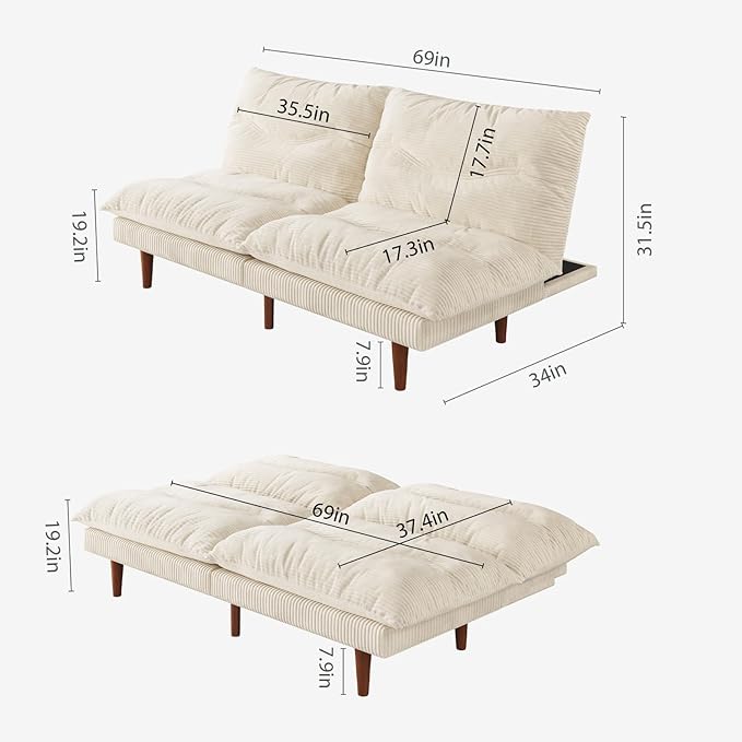 Futon Sofa Bed 69 inch Futon Couch with Adjustable Backrest Corduroy Convertible Sleeper Sofa Bed Folding Sleeper Recliner for Apartment Living Room Office Beige