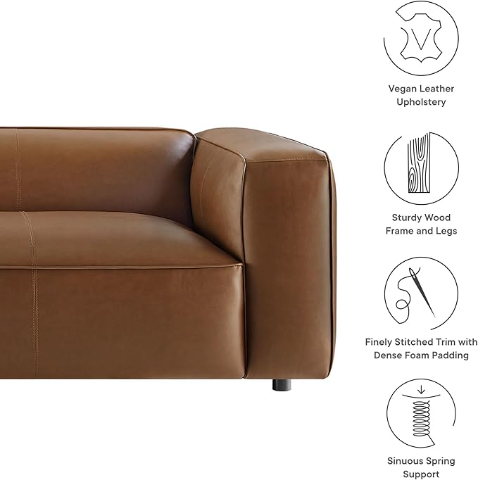 Modway Auren Vegan Leather Sofa in Coffee - Faux Leather Couch - Comfy Modern PU Leather Sofa - Oversized Mid Century Modern Couch for Living Room Apartment Loft