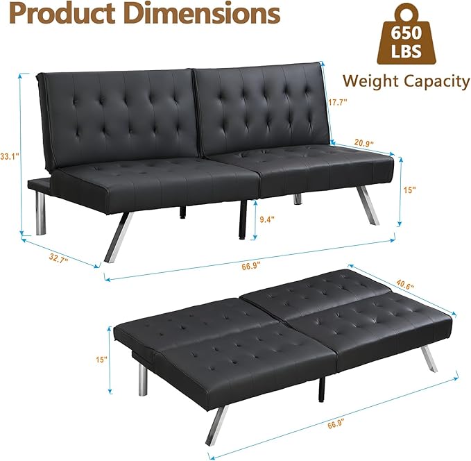 Modern Convertible Futon Sofa Bed Adjustable Loveseat Futon Couch with Metal Legs Upholstered Sofa Bed with Wood Frame Sleeper Couches for Small Compact RV Living RoomOffice (Black-Leather)