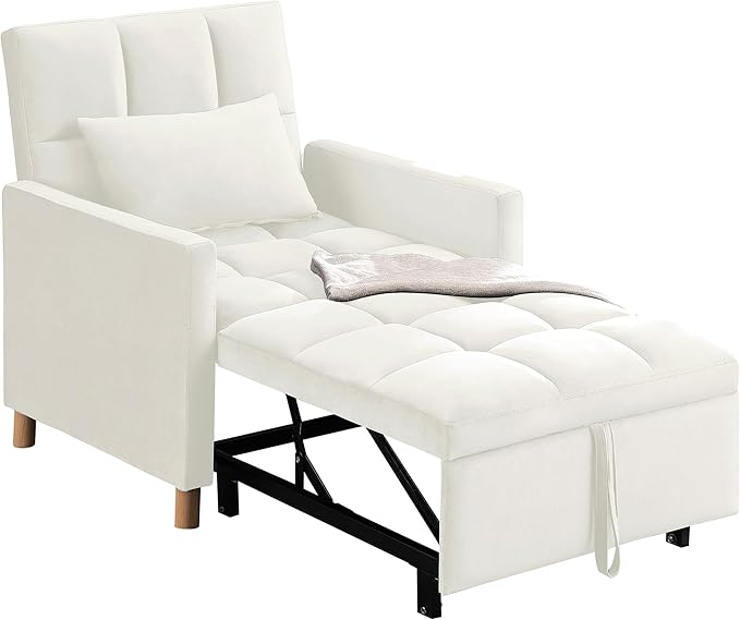 70'' Convertible Chair Bed Extra Long Teddy Fabric Single Pull Out Sofa Bed 4 in 1 Adult Sleeping Chair Recliner Chair with Pillow Adjustable Backrest Beige