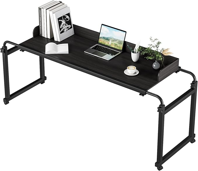 Adjustable Height Overbed Table Rolling Overbed Bedside Desk with Raised Baffle and Spacious Desktop Over BedTable with Wheels for Home Office Bedroom Hospital Use (Matte Black)