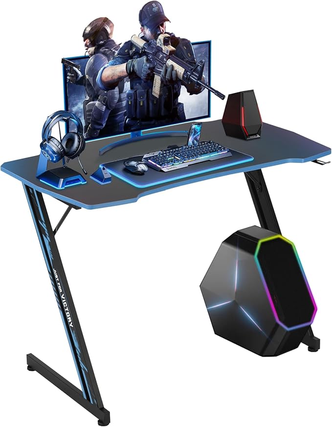 Dkelincs Gaming Desk 39.4 inch Z-Shaped Computer Desk PC Computer Table Home Office Desk Ergonomic Gamer Workstation with Headphone Hook Blue