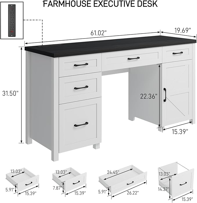Farmhouse 61 Executive Desk with 5 DrawersRustic Office Computer Desk with Charging StationFile Drawers and Storage Cabinet Wood Workstation for Home Office and Study Black.
